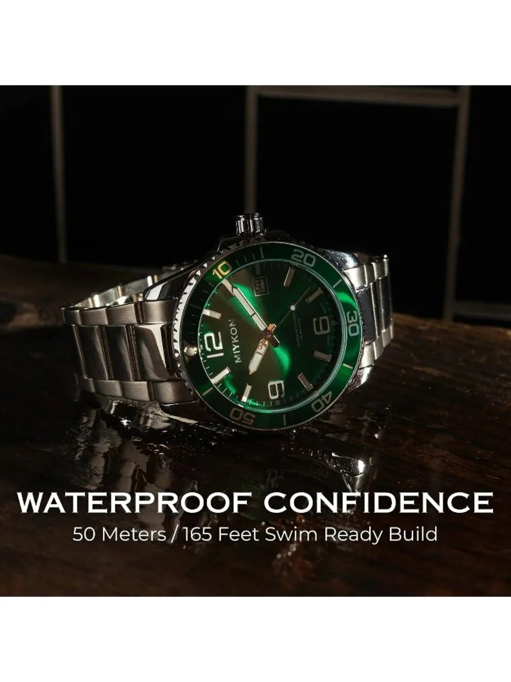 Men's Silver Stainless Steel Bracelet Green Dial Quickset Date Quartz Watches
